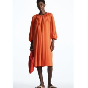 NEW COS Puff Sleeved Midi Dress in Orange, Size S